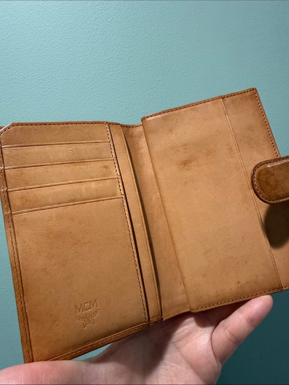 MCM Cognac Logo Leather Snap Wallet with Gold Plaque - Picture 6 of 9